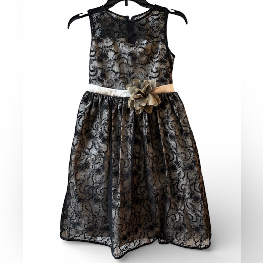 Kids Dream Black Lace Overlay Girls Dress with Floral Accent Size 11-12 EUC